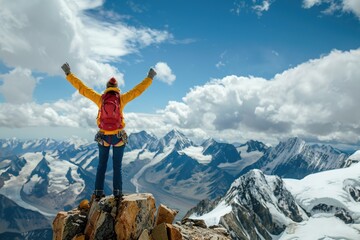 Adventurous hiker celebrating at the summit of a breathtaking mountaintop, capturing the essence of achievement and exploration