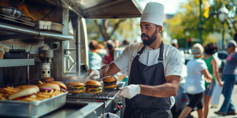 Chef in a food truck flipping burgers on a hot grill, taking orders from a line of customers, with the city park in the background.
