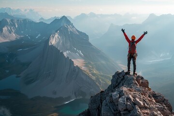 Adventurous hiker celebrating at the summit of a breathtaking mountaintop, capturing the essence of achievement and exploration