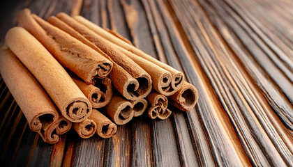 Extreme close-up of whole dried cinnamon for baking on a wooden black-brown table, cinnamon scented spices concept. Generative Ai.