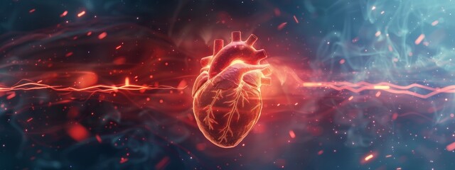 A stylized illustration of a human heart, with a rhythmic pulse radiating outwards in the form of soft, glowing lines.