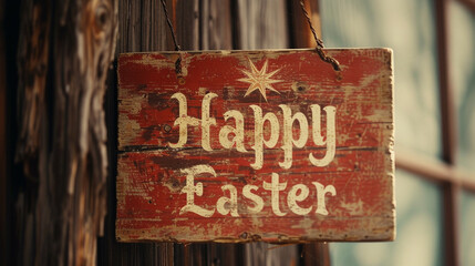 A vintage-style wooden sign with the phrase "Happy Easter" painted on it, placed against a rustic background.