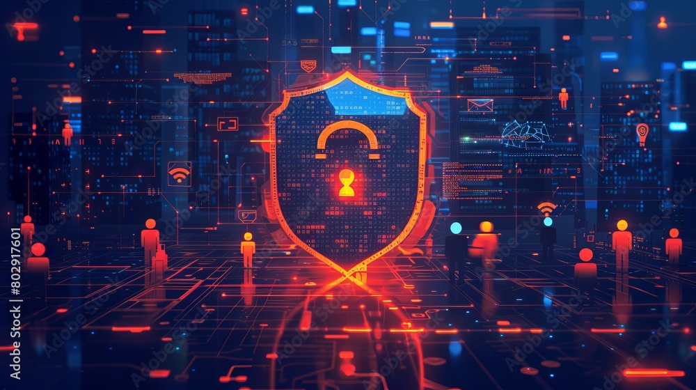 Poster vector illustration featuring tiny people characters representing network security concepts, suitabl