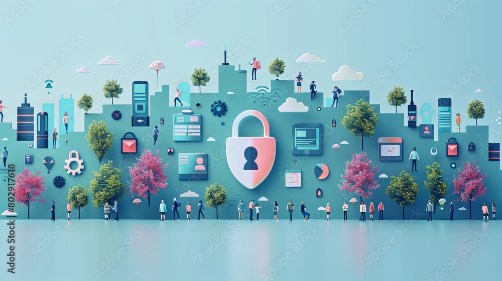 Poster vector illustration featuring tiny people characters representing network security concepts, suitabl
