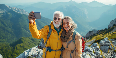 Cheerful senior hiker couple taking a selfie atop of a mountain they just hiked. Adventurous elderly man and woman with backpacks. Hiking and trekking on a nature trail.