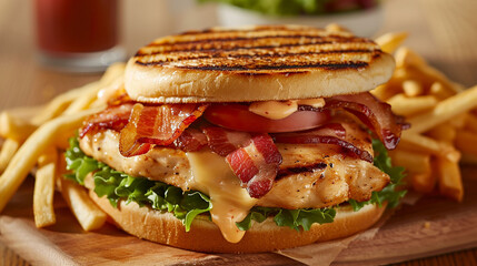 Chick-fil-A grilled chicken club sandwich, with bacon and Swiss cheese, served with fries.