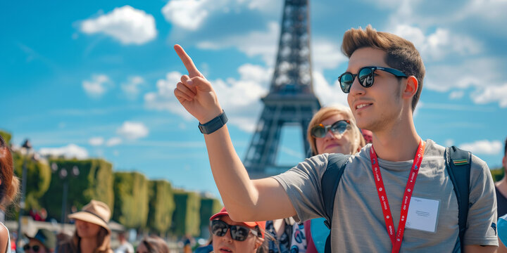 Tour guide leading a group of visitors to tourist attractions, giving them information and insights, pointing at local architecture in Paris, France.