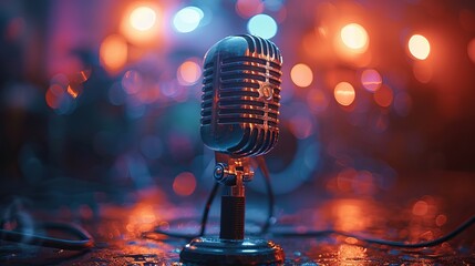 Vintage vocal microphone in dim lighting on a concert stage, illuminated by pink and blue...