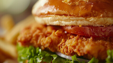 Close-up of a Chick-fil-A chicken sandwich, with lettuce and tomato peeking out.
