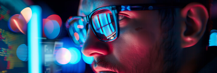 Software developer illuminated by the glow of multiple monitors, deep in focus, with lines of code reflected in their glasses.
