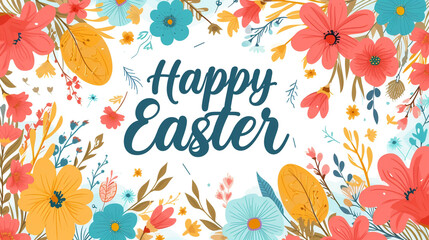 A vibrant Easter-themed greeting card with the words "Happy Easter" written in elegant font.