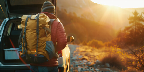 Young cheerful tourist with heavy backpack standing near open car trunk ready for their new adventure. Person traveling by rental car, active lifestyle, weekend getaway.