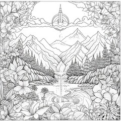 The beautiful scenery of the mountains and valleys, with a magnificent waterfall in the middle, is a sight to behold for coloring page