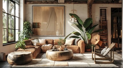 Boho-chic living room with leather sofas, plants and vintage decor - obrazy, fototapety, plakaty