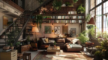 Boho-chic living room with leather sofas, plants and vintage decor