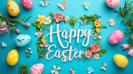 A vibrant Easter-themed greeting card with the words "Happy Easter" written in elegant font.