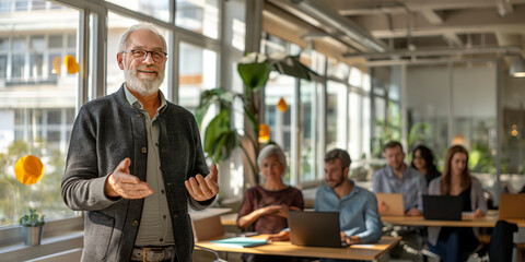 Charismatic senior man pitching his innovative tech startup idea to a diverse group of young investors in a modern office space.