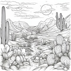 Coloring book page for kids and adults of a desert scene with cacti and mountains in the background.