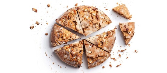 Circular baked bread with bran pieces, cut and positioned separately against a white backdrop. Seen from above.