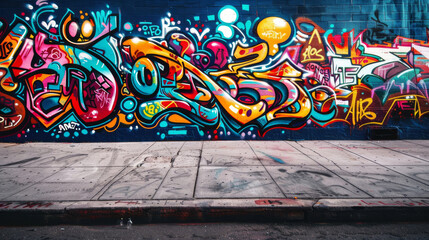 Colorful street graffiti showcasing artistic expression on an urban wall with an empty foreground