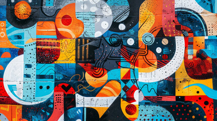 Colorful abstract mural showcasing a mix of geometric shapes and patterns on an urban wall