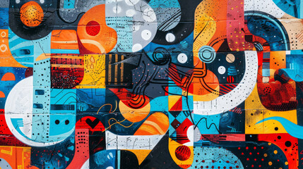 Obraz premium Colorful abstract mural showcasing a mix of geometric shapes and patterns on an urban wall