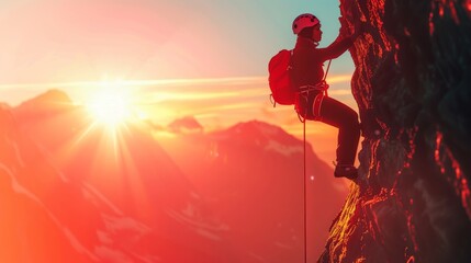 Silhouette of a climber on a rocky face with a breathtaking sunset backdrop