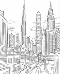 Coloring book page for kids and adults of a modern city with skyscrapers and a highway.