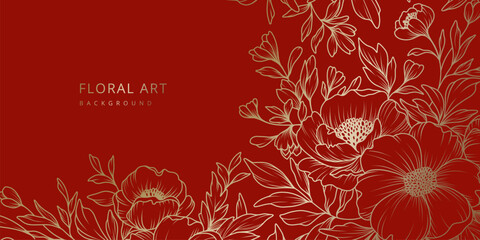 Luxury floral red background with gold hand drawn flowers. Vector design template for postcard, wall poster, business card, flyer, banner, wedding invitation, print, cover, wallpaper