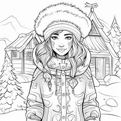 Coloring book page for kids of a beautiful young woman standing in a snowy forest