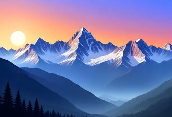 digital painting Serene mountain range at sunset m (10) 1