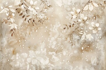 Seamless beige canvas with cascading white droplets amidst abstract florals.