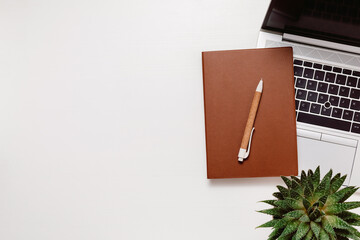 Minimal workspace with brown notepad, plant and laptop on white table with copy space. Home office, creative workplace, aesthetic style, top view