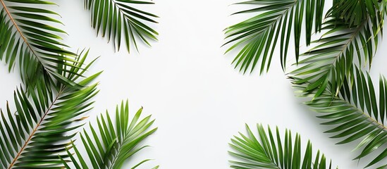 Tropical palm fronds against a white backdrop, representing the essence of summer. Flat composition from above, with empty space for text.