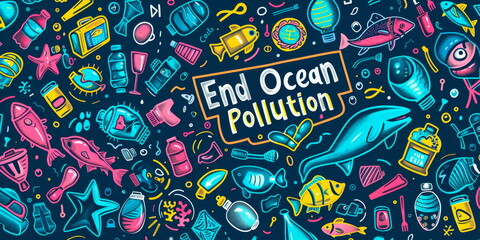 pattern with ocean plastic pollution icons and End Ocean Pollution
