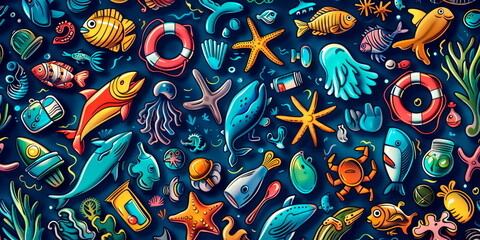 pattern with ocean plastic pollution icons and End Ocean Pollution