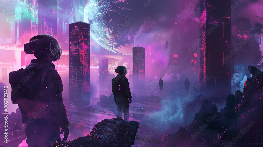 Aufkleber create an image of a utopian society where art and culture thrive in virtual reality.