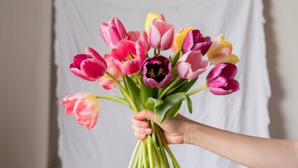 A woman holds a bouquet of flowers that says tulips.