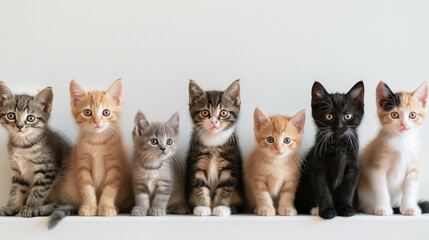 row of cute kittens sitting on a white background