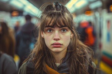 woman in a crowded subway station looking towards the camera and with messy hair