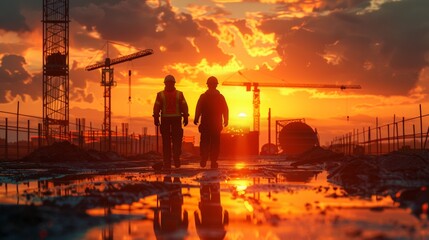 Fototapeta premium Silhouettes of two construction workers walking on site during a dramatic sunset