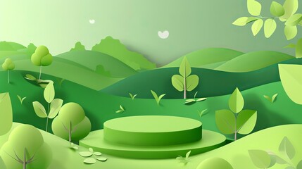 3D cylinder podium set against a green nature landscape background, suitable for Earth Day or World Environment Day banners.