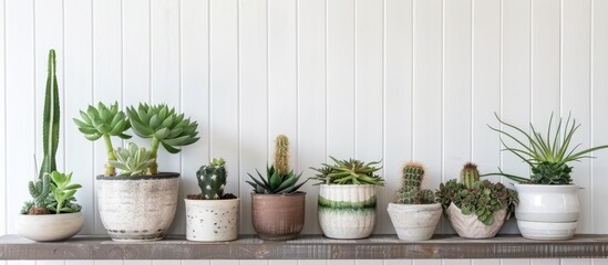 Scandinavian-style room decor featuring a mix of plants, including cacti and succulents, in trendy pots displayed on a brown shelf against white walls. This design embodies a modern,