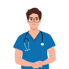 Fototapeta premium Male nurse wearing scrubs. International nurses day. Flat vector illustration isolated on white background