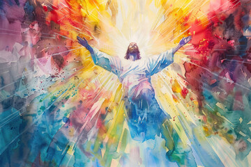 Jesus Ascension Watercolor Painting., the Ascension of Christ, the ascension of Jesus into heaven, a festival celebrated by Christians.