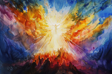 "Ascension of Jesus in watercolor", the Ascension of Christ, the ascension of Jesus into heaven, a festival celebrated by Christians.