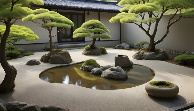 Illustrate A Serene Zen Garden With Raked Gravel  2