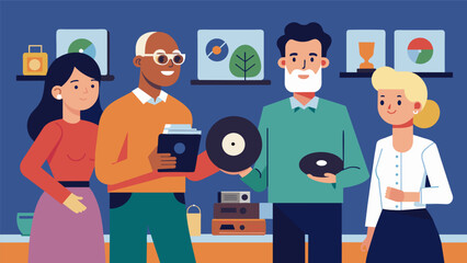 Guests trade stories about the origins of their vinyl finds some boasting about their lucky discoveries at thrift stores while others proudly display. Vector illustration