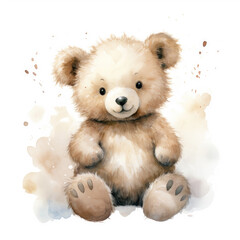 Watercolor illustration of teddy bear. Baby character adorable soft toy bear