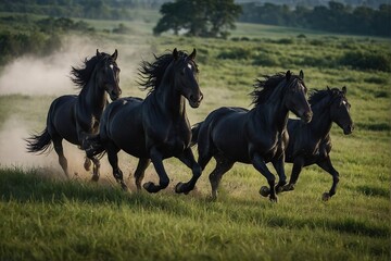 Herd of Friesian black horses galloping in the grass